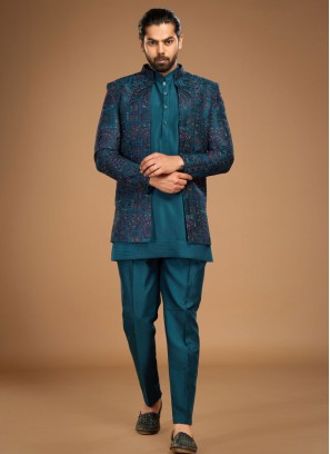 Jacket Style Embroidered Indowestern Set For Men