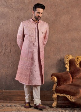 Jacket Style Embroidered Onion Pink Indowestern