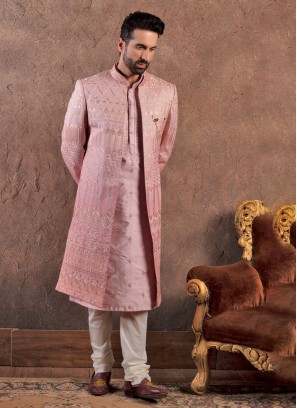 Jacket Style Embroidered Onion Pink Indowestern