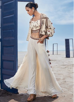 Cream Georgette Indowestern Palazzo Suit with Jacket
