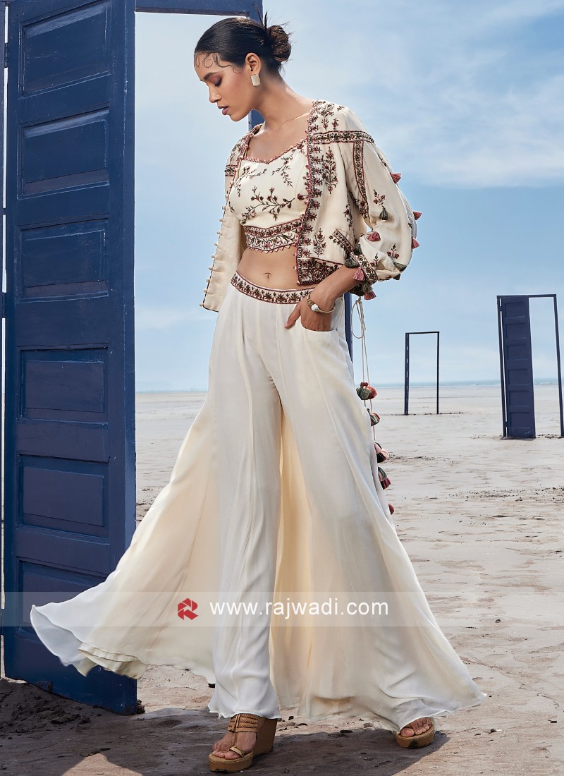 Blue Jacket With Crop Top And Palazzo Set  Indian dresses, Floral print  jacket, Party wear indian dresses