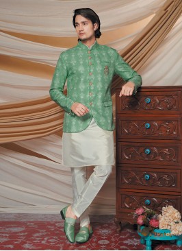 Jacket Style Green And Off White Indowestern