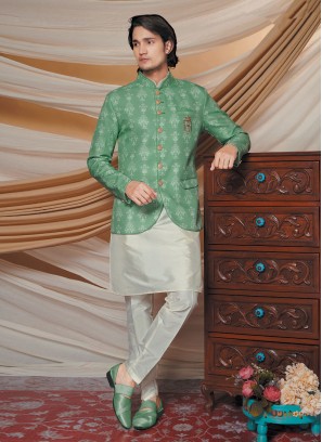 Jacket Style Green And Off White Indowestern