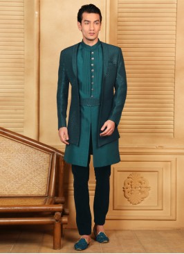 Jacket Style Green Embroidered Insowestern Set