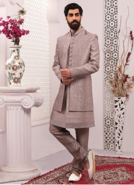 Jacket Style Groom Wear Art Banarasi Silk Indowestern Set
