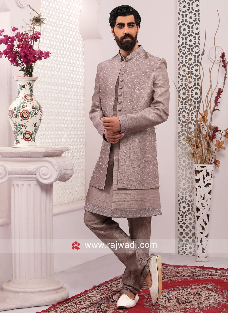 Jacket Style Groom Wear Art Banarasi Silk Indowestern Set