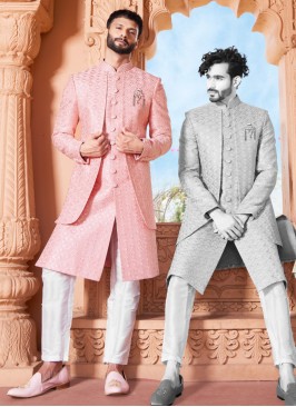 Jacket Style Groom Wear Silk Sherwani