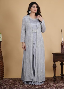 Jacket Style Hand Embroidered Gown In Light Grey