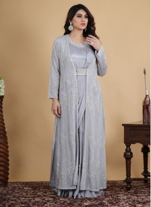 Jacket Style Hand Embroidered Gown In Light Grey