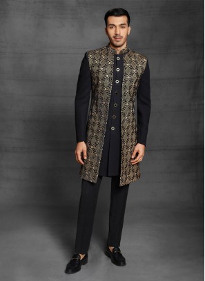 Jacket Style Indowestern In Black Color