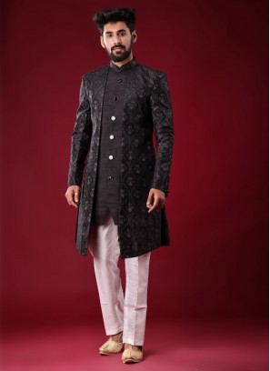 Jacket Style Indowestern In Black Color