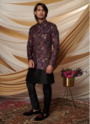 Jacket Style Indowestern In Black Color