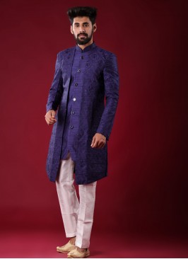 Jacket Style Indowestern In Blue Color