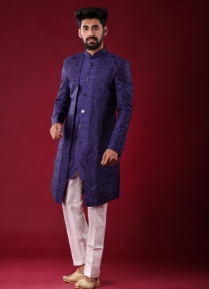 Jacket Style Indowestern In Blue Color