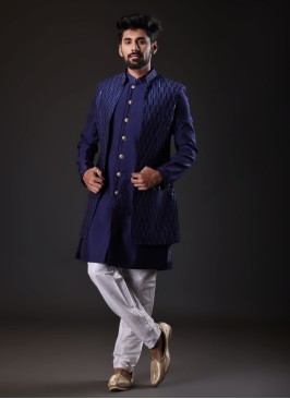 Jacket Style Indowestern In Blue Color