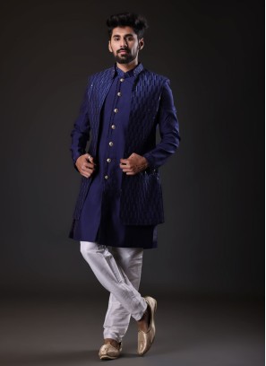 Jacket Style Indowestern In Blue Color