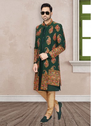 Jacket Style Indowestern In Green Color