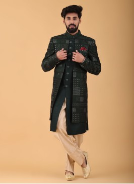 Jacket Style Indowestern In Green Color