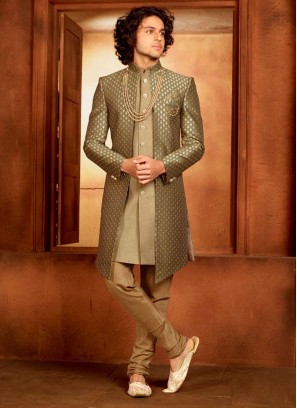 Jacket Style Indowestern In Mehndi Green Color