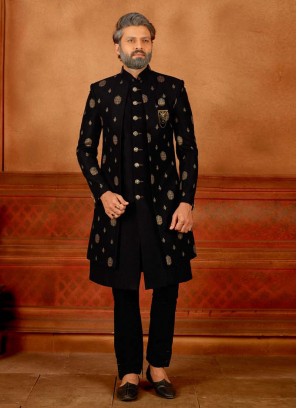 Jacket Style Indowestern In Black Color