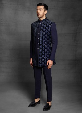 Jacket Style Indowestern In Navy Blue Color