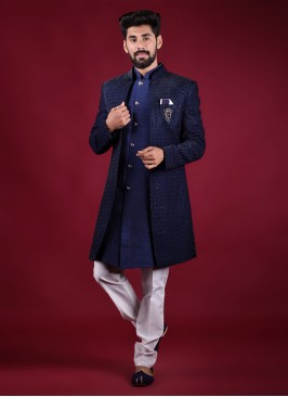 Jacket Style Indowestern In Navy Blue Color