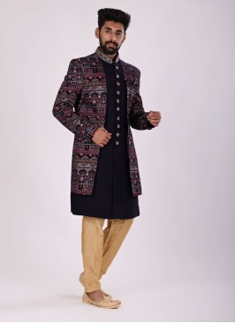 Jacket Style Indowestern In Navy Blue Color