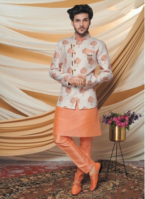 Jacket Style Indowestern In Orange And Cream Color