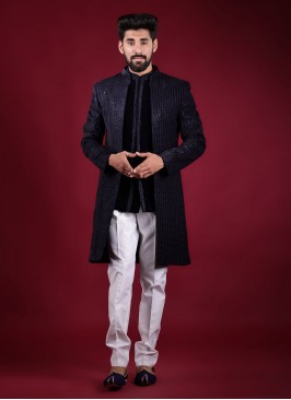 Jacket Style Indowestern In Navy Blue Color