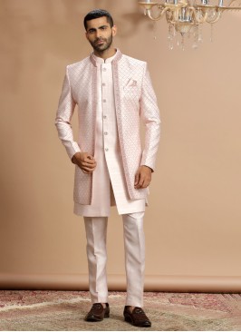 Jacket Style Light Peach Embroidered Indowestern Set