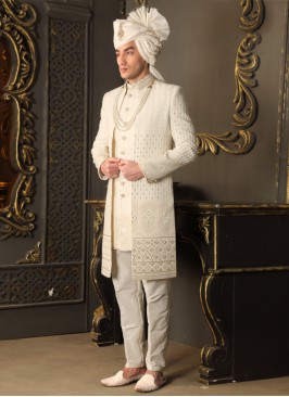 Jacket Style Lucknowi Work Silk Sherwani