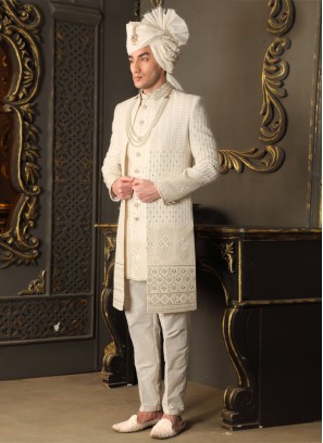 Jacket Style Lucknowi Work Silk Sherwani