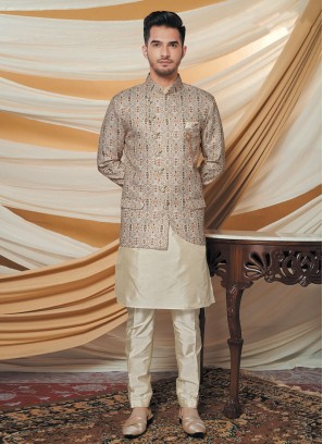 Jacket Style Men Indowestern In Cream Color