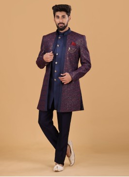 Jacket Style Navy Blue Indowestern For Wedding