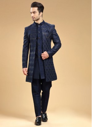 Jacket Style Navy Blue Indowestern In Art Silk