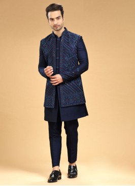 Jacket Style Navy Blue Indowestern In Art Silk