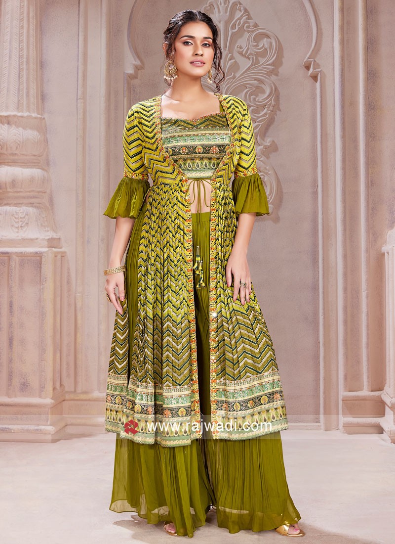 Buy Celtic Green Palazzo Suit With Floral Embroidered Sleeveless Crop Top  And Long Jacket Online - Kalki Fashion