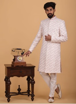 Jacket Style Pink And White Indowestern For Men