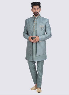 Jacket Style Pista Green Wedding Wear Indowestern