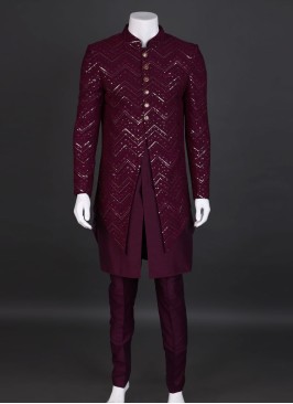 Jacket Style Sequins Work Indowestern In Dark Purple Color