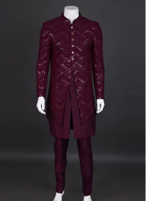 Jacket Style Sequins Work Indowestern In Dark Purple Color