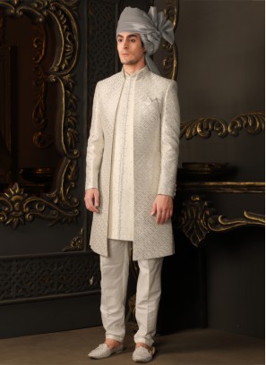 Jacket Style Silk Sherwani For Wedding