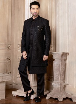 Jacket Style Thread Embroidered Black Indowestern Set