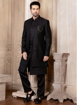 Jacket Style Thread Embroidered Black Indowestern Set