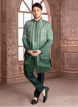 Jacket Style Thread Embroidered Green Indowestern Set