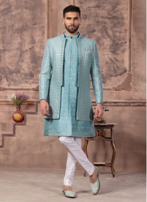 Jacket Style Thread Embroidered Indowestern Set