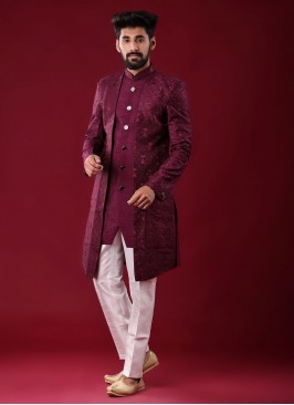 Jacket Style Thread Work Indowestern For Men