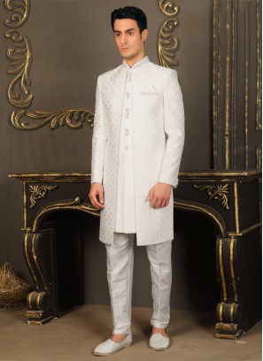 Jacket Style Wedding Wear White Sherwani For Men