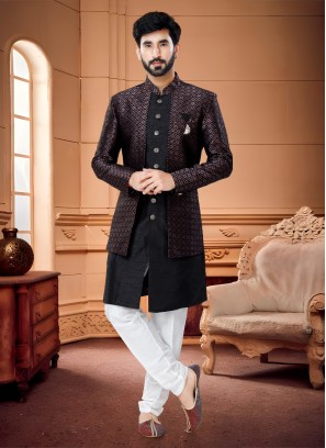 Jacket Style Wine And Black Indowestern Set