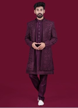 Jacket Style Wine Indowestern In Raw Silk